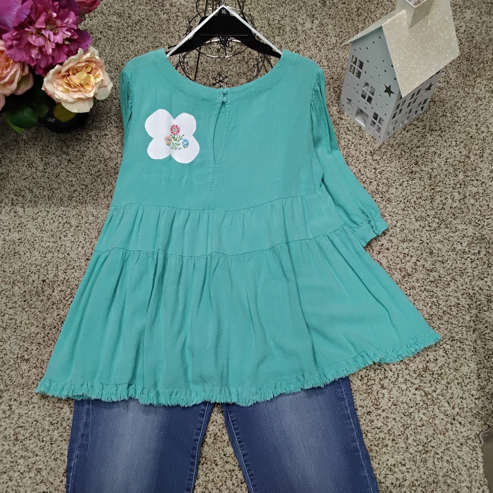 3862 Size XL Upcycled Umgee Teal Floral Blouse - Picture 4 of 6